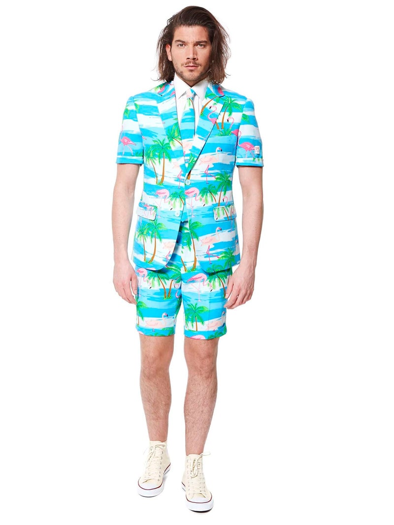 Opposuits Men's Summer Suit - Tropical Flamingo Outfit - Slim Fit - Includes Short Sleeved Blazer - Shorts - and Tie - Image 1